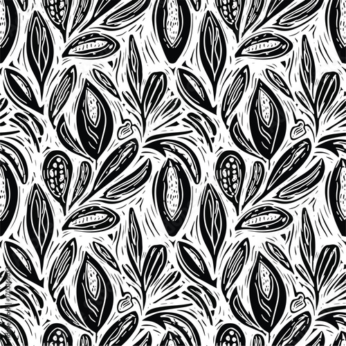 Black and white botanical pattern with abstract leaf and seed shapes, seamless pattern, royalty stock.