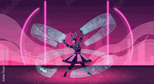 Futuristic dancer in a virtual reality setting with neon lights and digital graphics