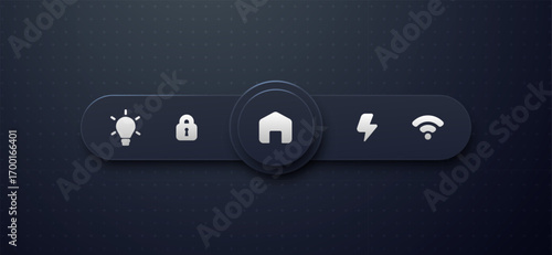 Dark neomorphic smart home control bar with icons