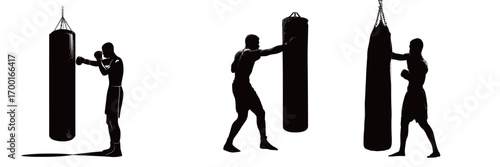 A boxer engages in intense training by practicing various striking techniques on multiple punching bags. The focus is on skill development and conditioning.