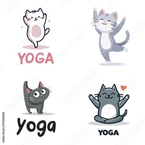 Four adorable cartoon cats engage in various yoga poses, filled with vibrant colors and playful designs. Each cat showcases its unique personality while participating in yoga.