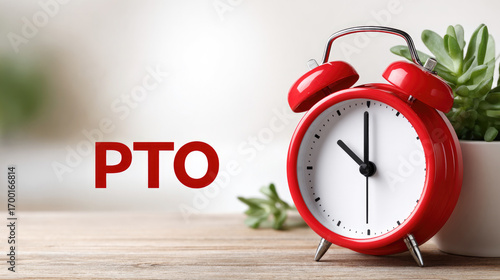 Paid time off concept with red alarm clock and green plant on wooden surface