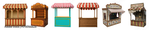 Carnival stall set including vintage game booths, strength test attractions, and concession stands isolated. Funfair and festival collection.