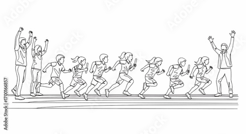 A group of children running a race with spectators cheering them on.