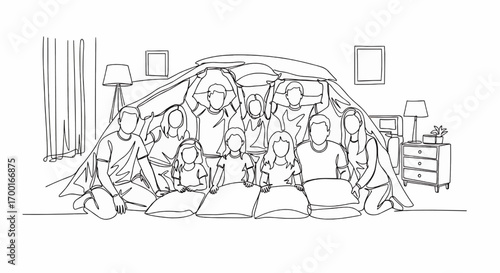 A large group of people are sitting under a blanket fort in a bedroom.