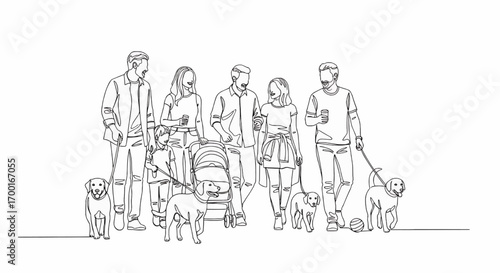 A minimalist line drawing depicts a diverse group of people with their dogs, including a family with a stroller, enjoying an outdoor outing.
