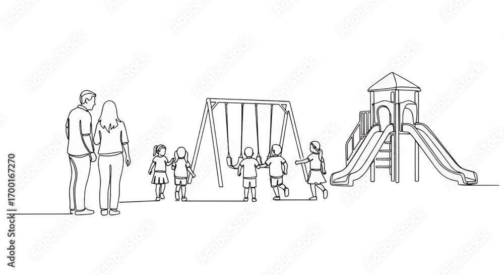 Obraz premium Line drawing of a family with two adults watching several children playing on swings and a slide in a playground, depicting a scene of outdoor leisure.