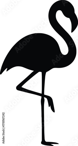 vector silhouette, flamingo on one leg, curved neck, side view, solid black