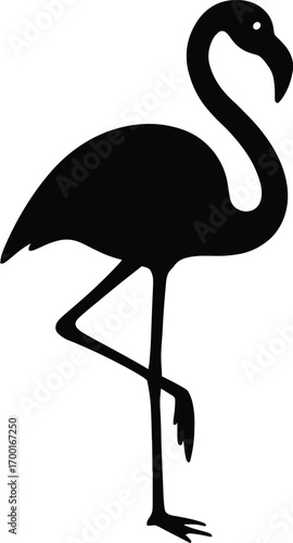 vector silhouette, flamingo on one leg, curved neck, side view, solid black