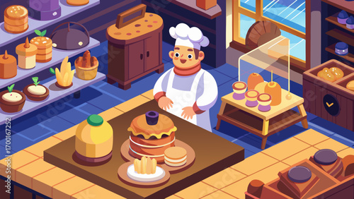 Colorful illustration of a smiling baker in bakery shop with bread pastries cakes and sweet desserts on display