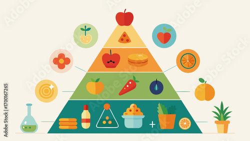 Colorful illustration of a food pyramid with fruits vegetables and healthy eating icons for balanced nutrition concept