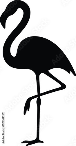 vector silhouette, flamingo on one leg, curved neck, side view, solid black