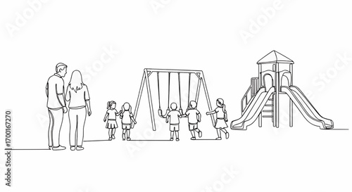 Line drawing of a family with two adults watching several children playing on swings and a slide in a playground, depicting a scene of outdoor leisure.