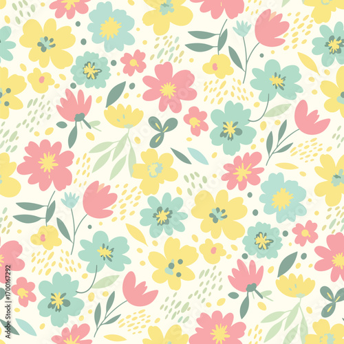 Wallpaper Mural Cheerful floral pattern with pastel flowers and leaves in a seamless vector design, seamless pattern, Stock royalty free image. Torontodigital.ca