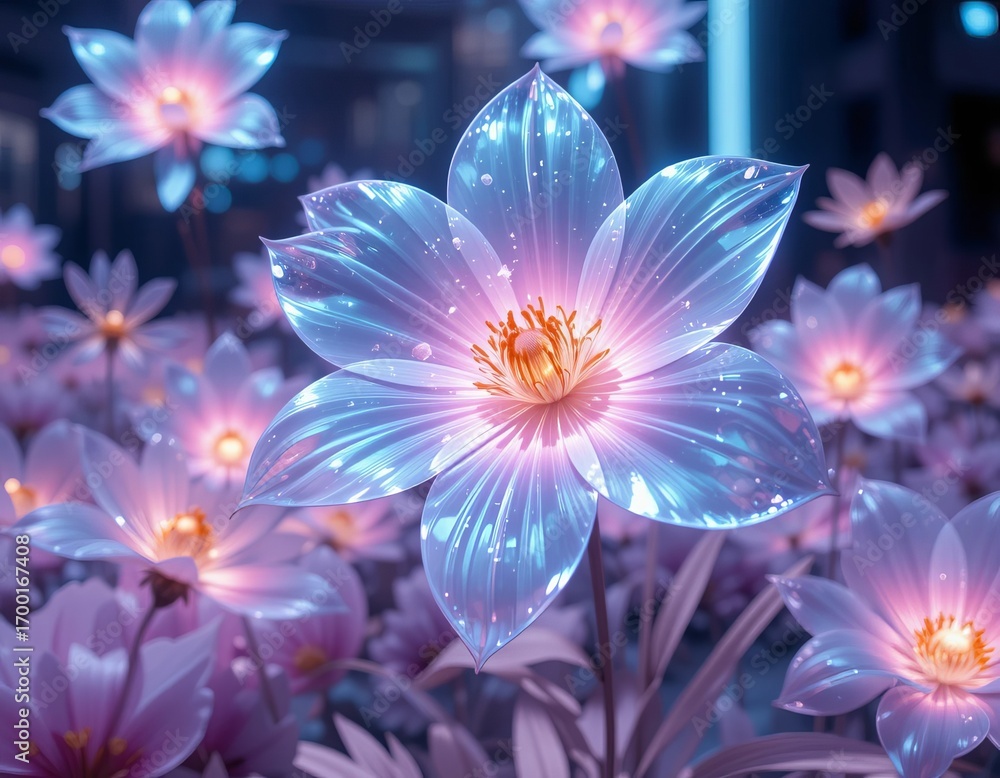 Fototapeta premium Ethereal glowing flowers bloom in a magical, dreamy garden at twilight.