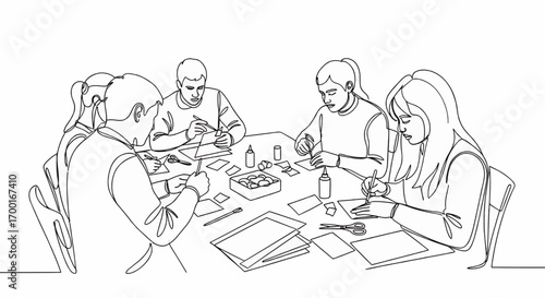 A continuous single line drawing of a group of people sitting at a table, engaged in a creative arts and crafts workshop.