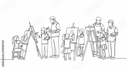 Line drawing of children and adults painting at easels in an art class setting.