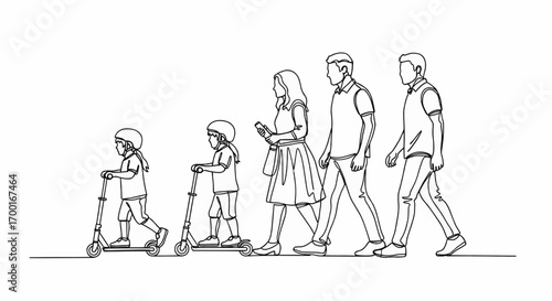 A line of people of varying ages, from children on scooters to adults, walking together in a simple line drawing.