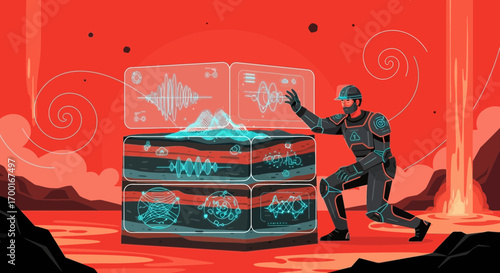 Futuristic geologist in a volcanic environment analyzing seismic data on a holographic interface
