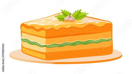 Delicious layered cake slice vector illustration with topping and garnish for dessert lovers design needs