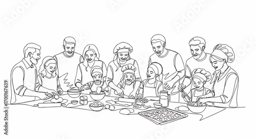 A large family gathered around a table, joyfully engaged in baking together, with children and adults participating in various culinary tasks.