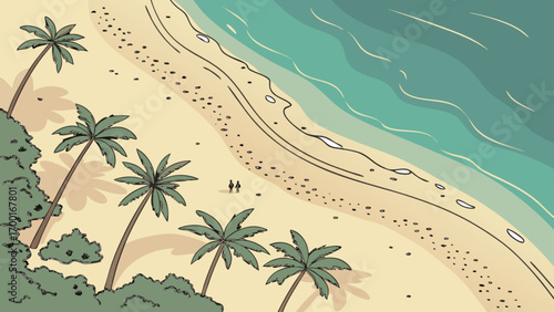 Tropical beach paradise with palm trees, ocean waves, and sandy shore for summer vacation getaway scene