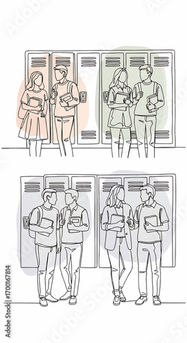 A set of four continuous line art illustrations showing pairs of students talking by school lockers.