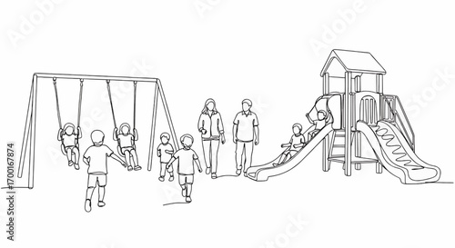 Line drawing of a lively playground scene with children playing on swings and a slide, supervised by adults in an outdoor park setting.