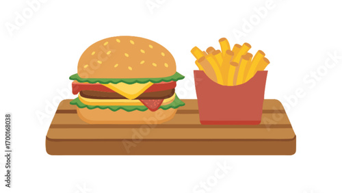 Delicious burger and fries combo meal on wooden board for fast food restaurant menu and food delivery service