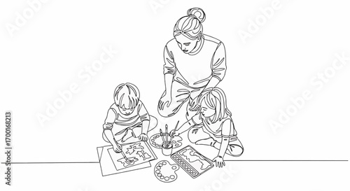 Line drawing of an adult and two children sitting on the floor, drawing and coloring together, engaged in a creative art activity.