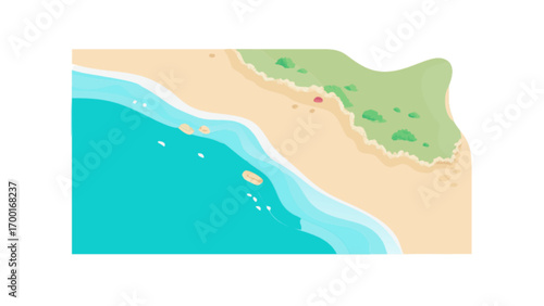 Aerial view of tropical beach coastline with turquoise ocean water sand and green vegetation landscape scene