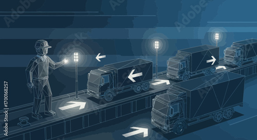 Futuristic logistics illustration showing automated truck management and direction system with
