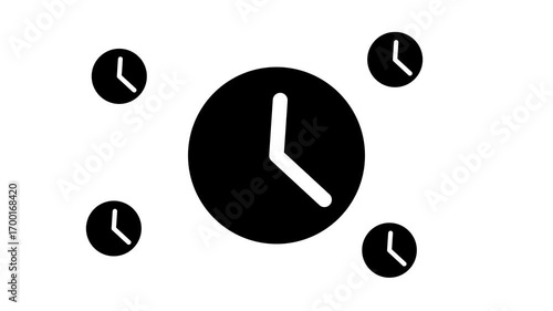 Zoom in and out animation the time symbol. Large black symbol in the center and four small symbols around. Seamless looped 4k animation on white background