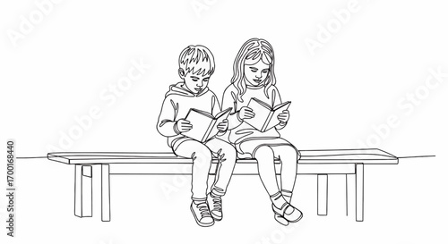 Two children sitting on a park bench, reading books.