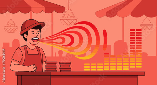 Illustration of a Street Vendor Shouting with Sound Waves Emanating From Their Mouth in a Market