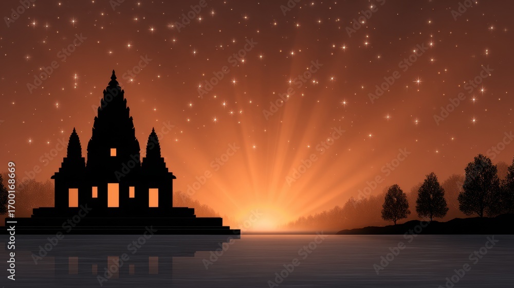 Naklejka premium Silhouette of a magnificent Indian temple against a breathtaking sunset with radiant stars illuminating the sky
