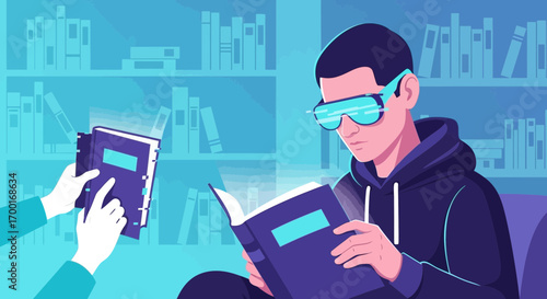 Illustration of a student using augmented reality to study with books and technology