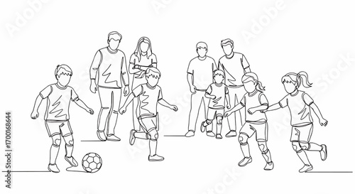 Line drawing of children playing soccer with adults watching.