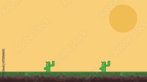 Retro Pixel Art Desert Landscape Animated Cacti Sun Game Background Loop Endless Runner Environment.