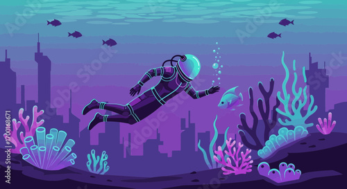A captivating illustration of a diver exploring an underwater city with colorful corals and marine
