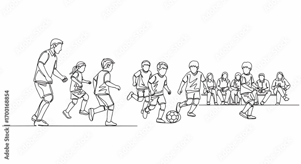 Obraz premium A group of children playing soccer on a field with spectators watching from the sidelines.