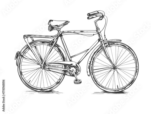 Detailed black and white bicycle illustration presenting a mountain bike for sporting endeavors outdoors
