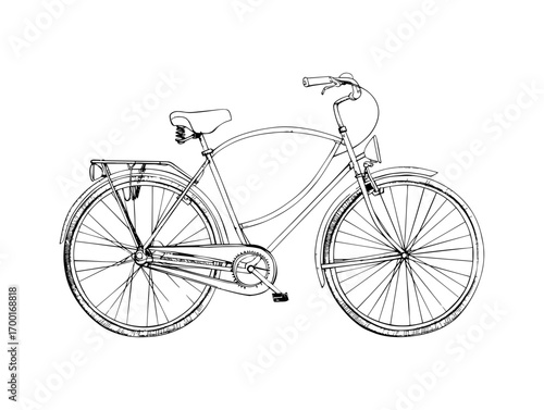 Detailed black and white bicycle illustration presenting a mountain bike for sporting endeavors outdoors
