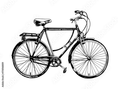 Detailed black and white bicycle illustration presenting a mountain bike for sporting endeavors outdoors
