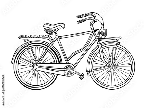 Detailed black and white bicycle illustration presenting a mountain bike for sporting endeavors outdoors
