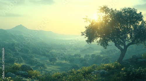 Sunrise valley, olive tree, misty mountains