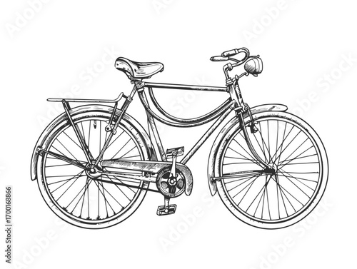 Detailed black and white bicycle illustration presenting a mountain bike for sporting endeavors outdoors
