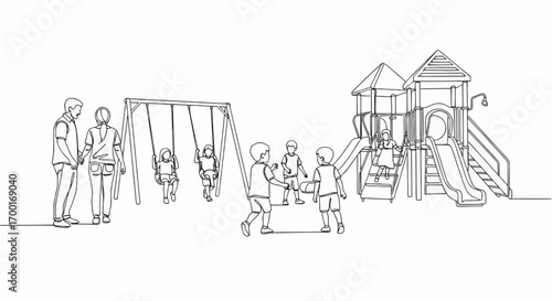 Children playing on playground with adults watching.