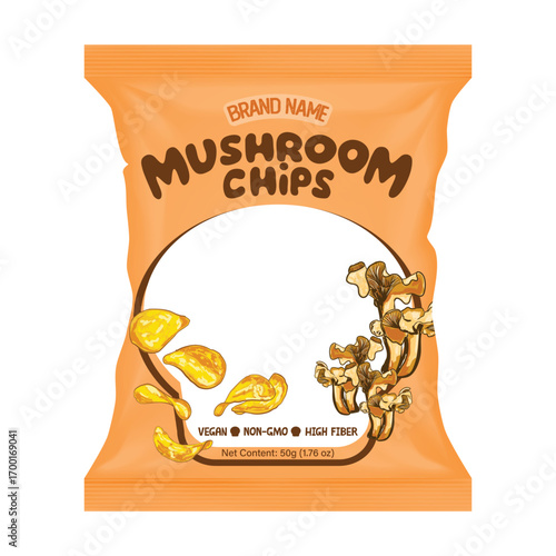Mushroom Chips Packaging – Snack Bag Template Illustration