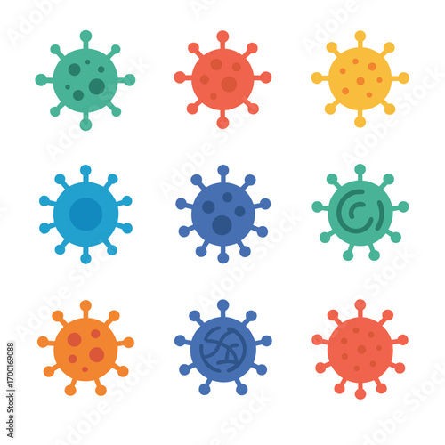 Diverse collection of colorful virus and bacteria flat vector icons for science